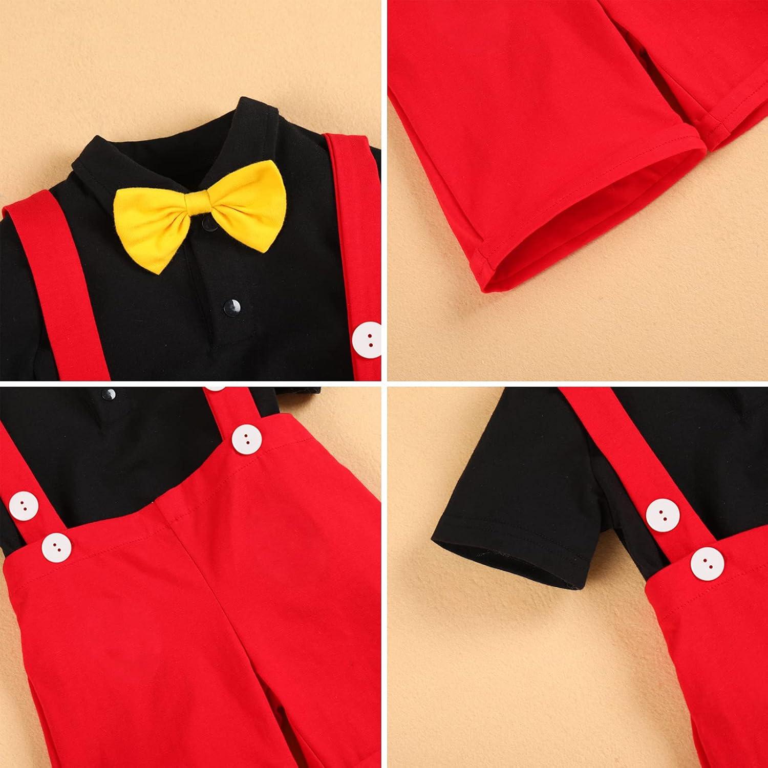 imageIDOPIP Baby Boys Halloween Christmas Costume Gentleman Bowtie Romper Suspenders Shorts Ears Headband Birthday Outfit SetRed  4pcs