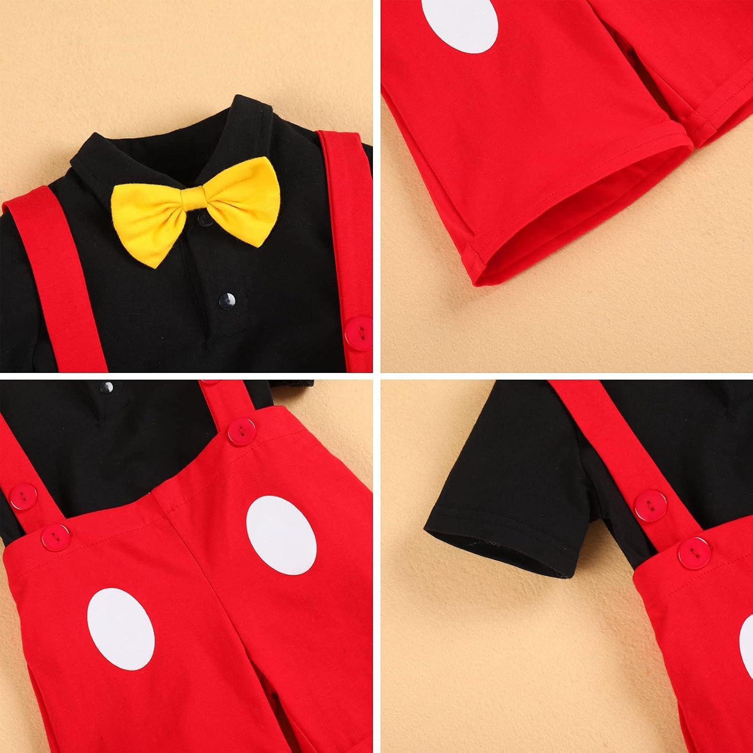 imageIDOPIP Baby Boys Halloween Christmas Costume Gentleman Bowtie Romper Suspenders Shorts Ears Headband Birthday Outfit SetRed  White Dot  4pcs