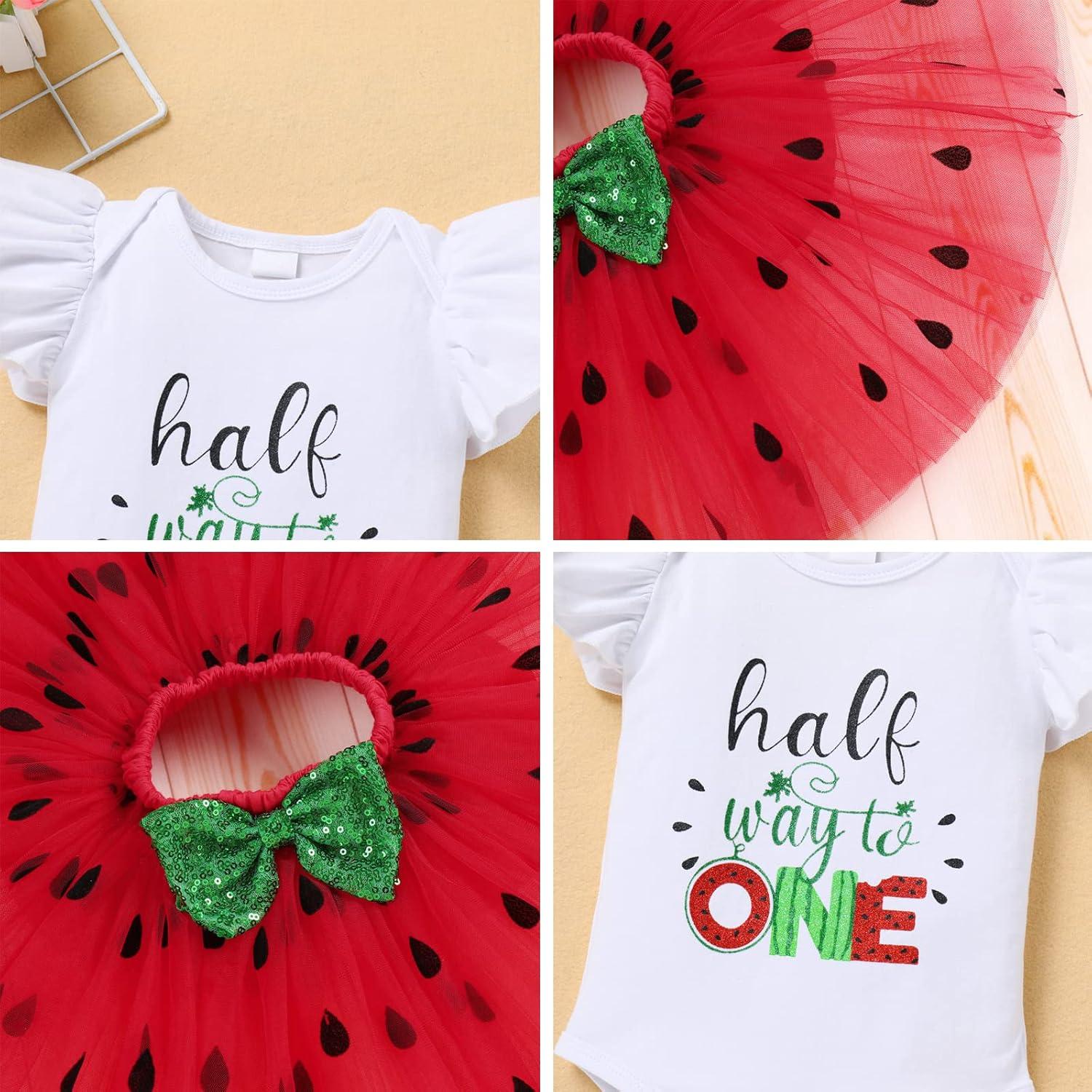 imageIDOPIP Watermelon 1st 2nd 3rd Birthday Outfit for Baby Girl Romper Tutu Skirt Headband Sock Clothes for Smash Cake Photo PropRed  Half Way to One