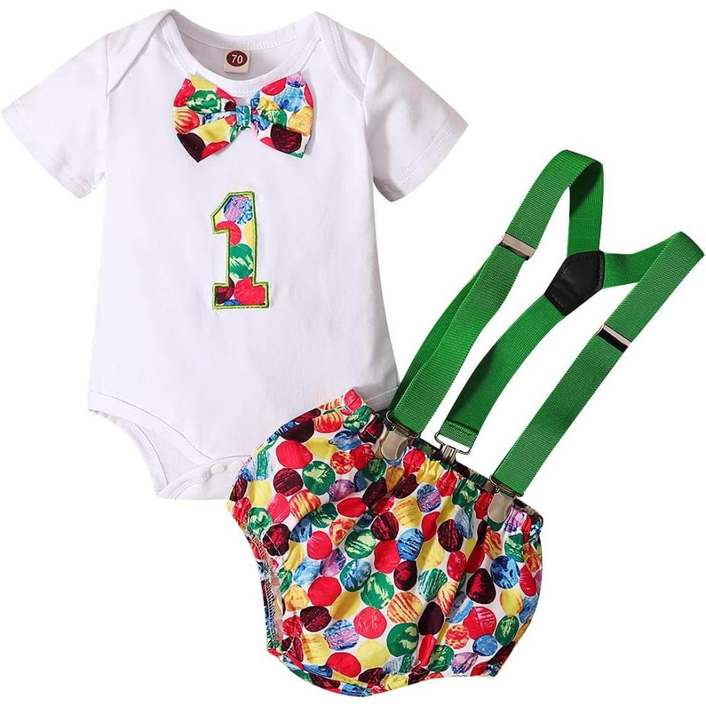 imageIDOPIP Baby Boys 1st Birthday Cake Smash Outfit Bowtie Romper Suspenders Shorts Pants Formal Suit Clothes for Photo ShootGreen Printed