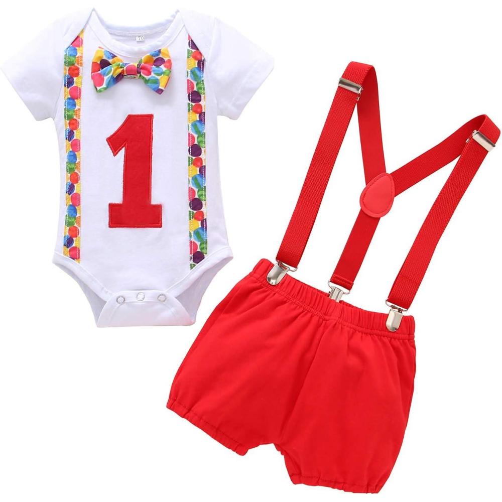 imageIDOPIP Baby Boys 1st Birthday Cake Smash Outfit Bowtie Romper Suspenders Shorts Pants Formal Suit Clothes for Photo ShootRed  Colorful Dot