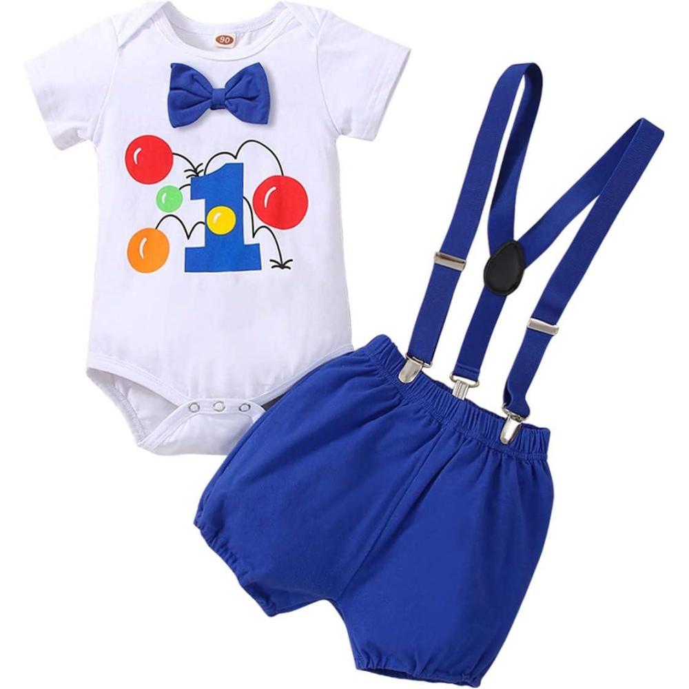 imageIDOPIP Baby Boys 1st Birthday Cake Smash Outfit Bowtie Romper Suspenders Shorts Pants Formal Suit Clothes for Photo ShootRoyal Blue Balloon