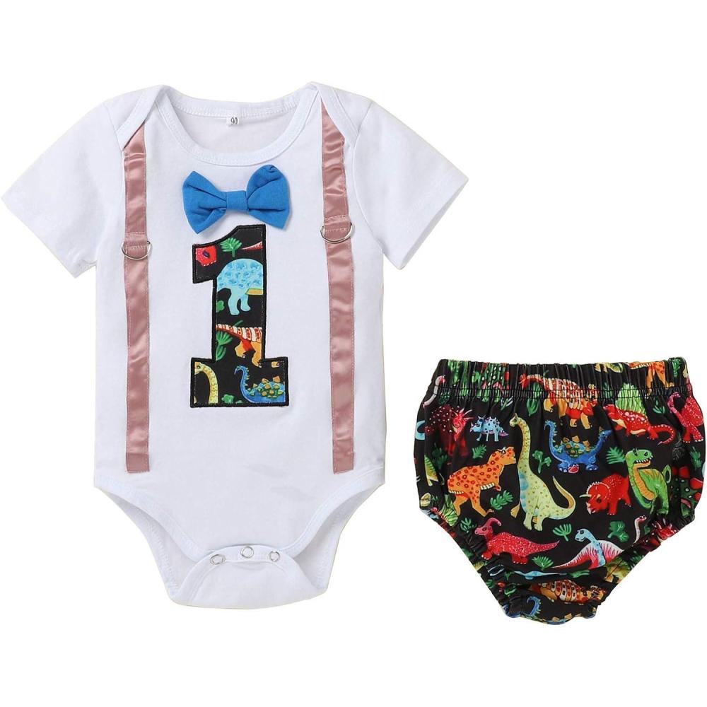 imageIDOPIP Baby Boys 1st Birthday Cake Smash Outfit Bowtie Romper Suspenders Shorts Pants Formal Suit Clothes for Photo ShootWhite Dinosaur