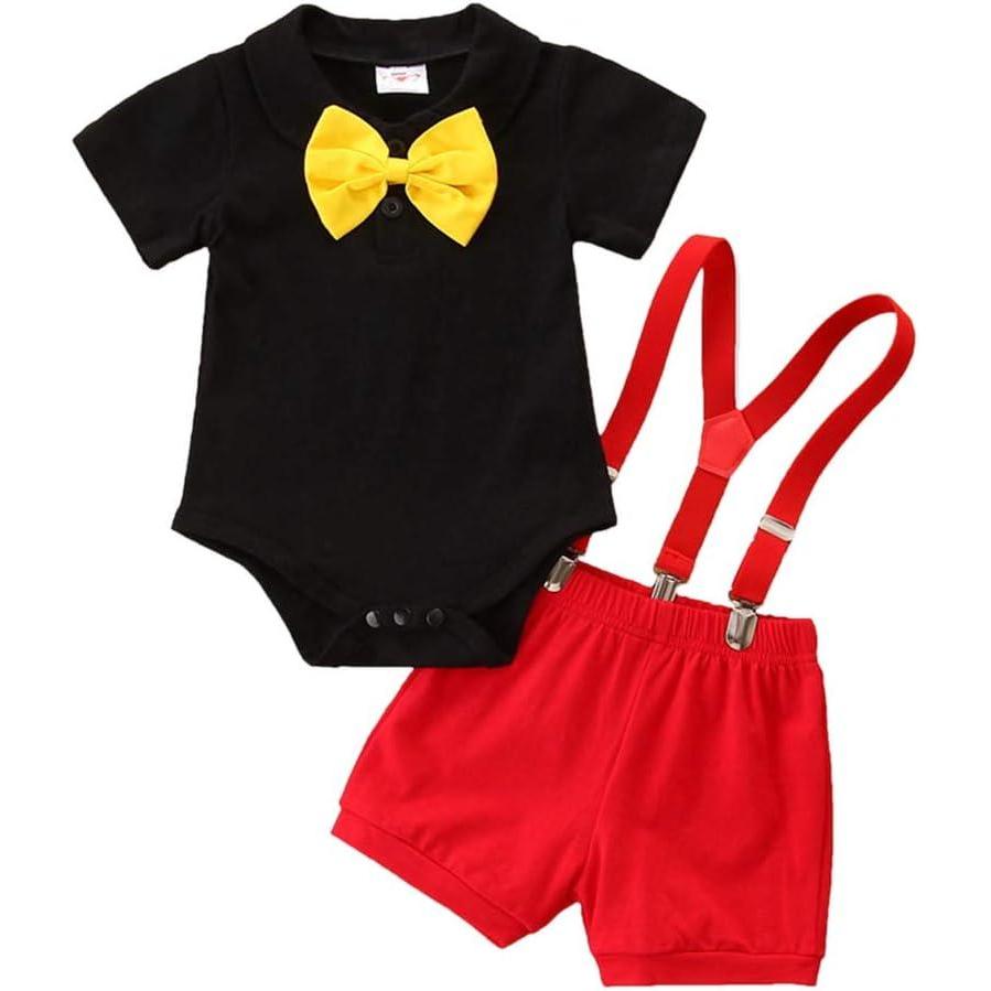 imageIDOPIP Baby Boys Halloween Christmas Costume Gentleman Bowtie Romper Suspenders Shorts Ears Headband Birthday Outfit SetRed  Yellow  4pcs