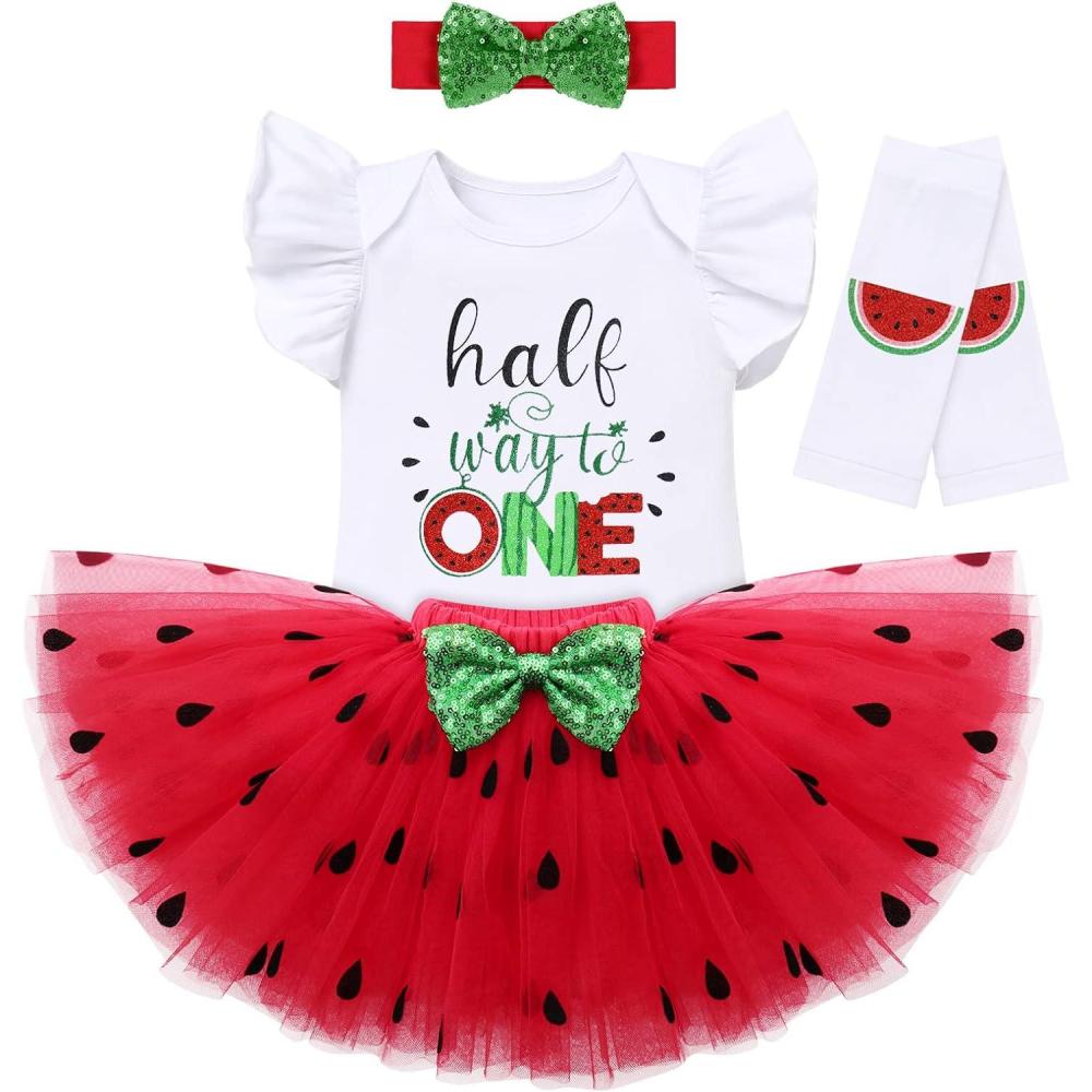imageIDOPIP Watermelon 1st 2nd 3rd Birthday Outfit for Baby Girl Romper Tutu Skirt Headband Sock Clothes for Smash Cake Photo PropRed  Half Way to One
