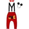 imageBaby Boys First 1st 2nd Birthday Costume Cake Smash Outfits Adjustable Suspenders Bloomers Bowtie Mouse Ear Headband 4PCS Clothes Set for Photo Props Fancy Dress up Party Red One 1218 Months