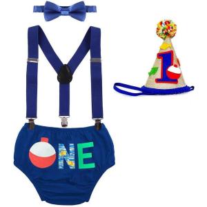 imageBaby Boys First 1st Birthday Cake Smash Outfit One Bloomers Diaper Cover PP Pants Yback Suspenders Bow Tie Hat 4PCS Clothes Set Party Costume Photo Props Royal Blue  One 1218 Months
