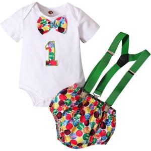 imageIDOPIP Baby Boys 1st Birthday Cake Smash Outfit Bowtie Romper Suspenders Shorts Pants Formal Suit Clothes for Photo ShootGreen Printed