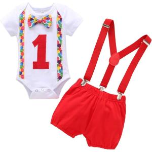 imageIDOPIP Baby Boys 1st Birthday Cake Smash Outfit Bowtie Romper Suspenders Shorts Pants Formal Suit Clothes for Photo ShootRed  Colorful Dot