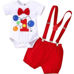 imageIDOPIP Baby Boys 1st Birthday Cake Smash Outfit Bowtie Romper Suspenders Shorts Pants Formal Suit Clothes for Photo ShootRed Balloon