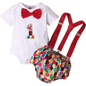 imageIDOPIP Baby Boys 1st Birthday Cake Smash Outfit Bowtie Romper Suspenders Shorts Pants Formal Suit Clothes for Photo ShootRed Printed