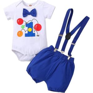 imageIDOPIP Baby Boys 1st Birthday Cake Smash Outfit Bowtie Romper Suspenders Shorts Pants Formal Suit Clothes for Photo ShootRoyal Blue Balloon