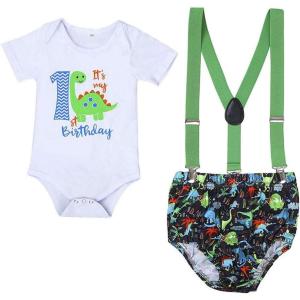 imageIDOPIP Baby Boys 1st Birthday Cake Smash Outfit Bowtie Romper Suspenders Shorts Pants Formal Suit Clothes for Photo ShootWhite  Green Dinosaur