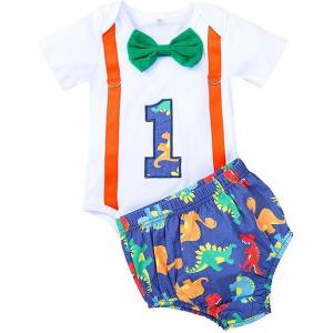 imageIDOPIP Baby Boys 1st Birthday Cake Smash Outfit Bowtie Romper Suspenders Shorts Pants Formal Suit Clothes for Photo ShootY White Dinosaur 2pcs
