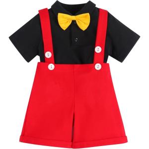 imageIDOPIP Baby Boys Halloween Christmas Costume Gentleman Bowtie Romper Suspenders Shorts Ears Headband Birthday Outfit SetRed  4pcs