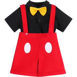 imageIDOPIP Baby Boys Halloween Christmas Costume Gentleman Bowtie Romper Suspenders Shorts Ears Headband Birthday Outfit SetRed  White Dot  4pcs