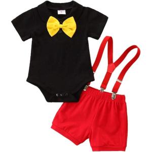 imageIDOPIP Baby Boys Halloween Christmas Costume Gentleman Bowtie Romper Suspenders Shorts Ears Headband Birthday Outfit SetRed  Yellow  4pcs