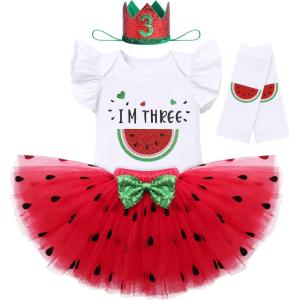 imageIDOPIP Watermelon 1st 2nd 3rd Birthday Outfit for Baby Girl Romper Tutu Skirt Headband Sock Clothes for Smash Cake Photo PropRed Three