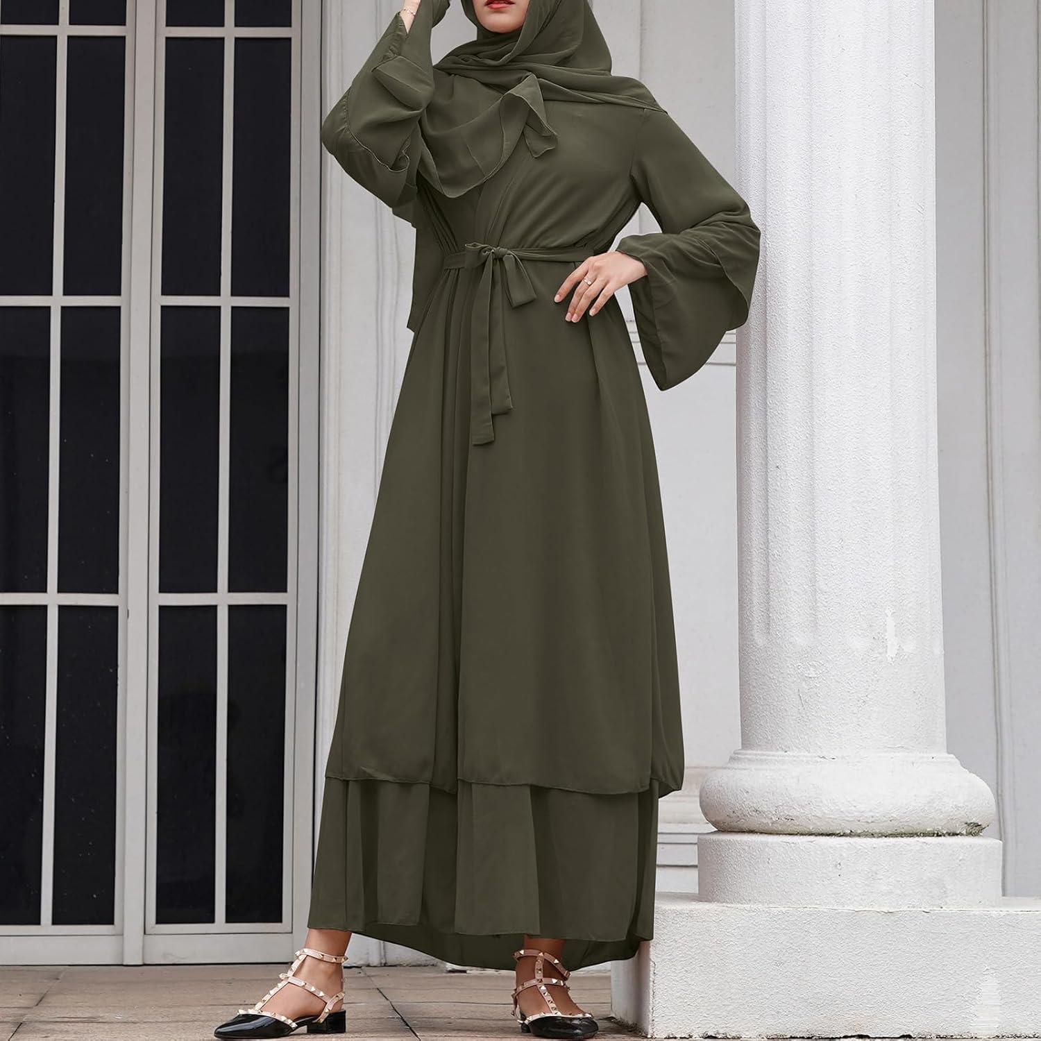 imageAbayas Muslim Dress for Women Long Sleeve Islamic Abaya Eid Dubai Kaftan Dresses Middle East Prayer Dress Chiffon RobeArmy Green