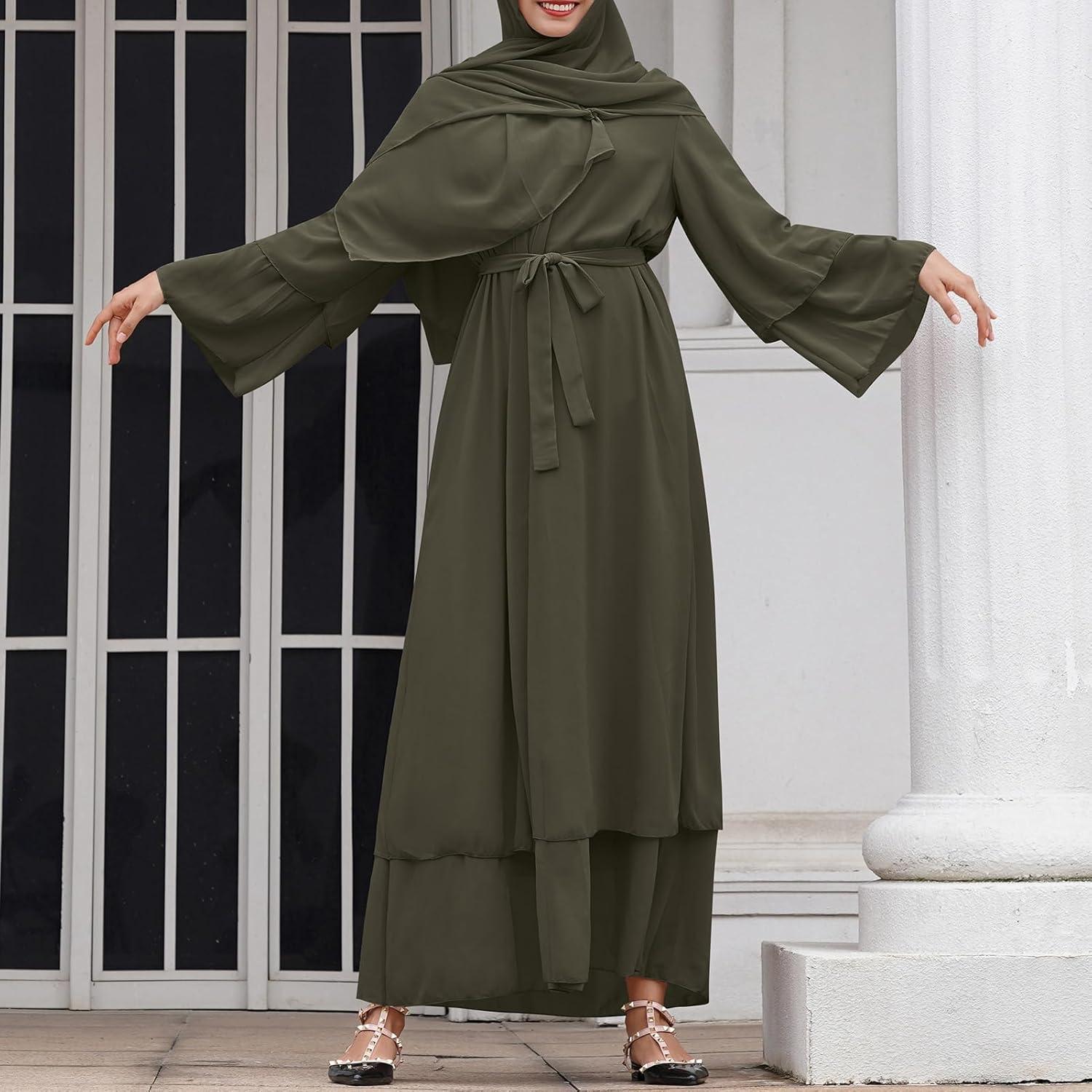 imageAbayas Muslim Dress for Women Long Sleeve Islamic Abaya Eid Dubai Kaftan Dresses Middle East Prayer Dress Chiffon RobeArmy Green