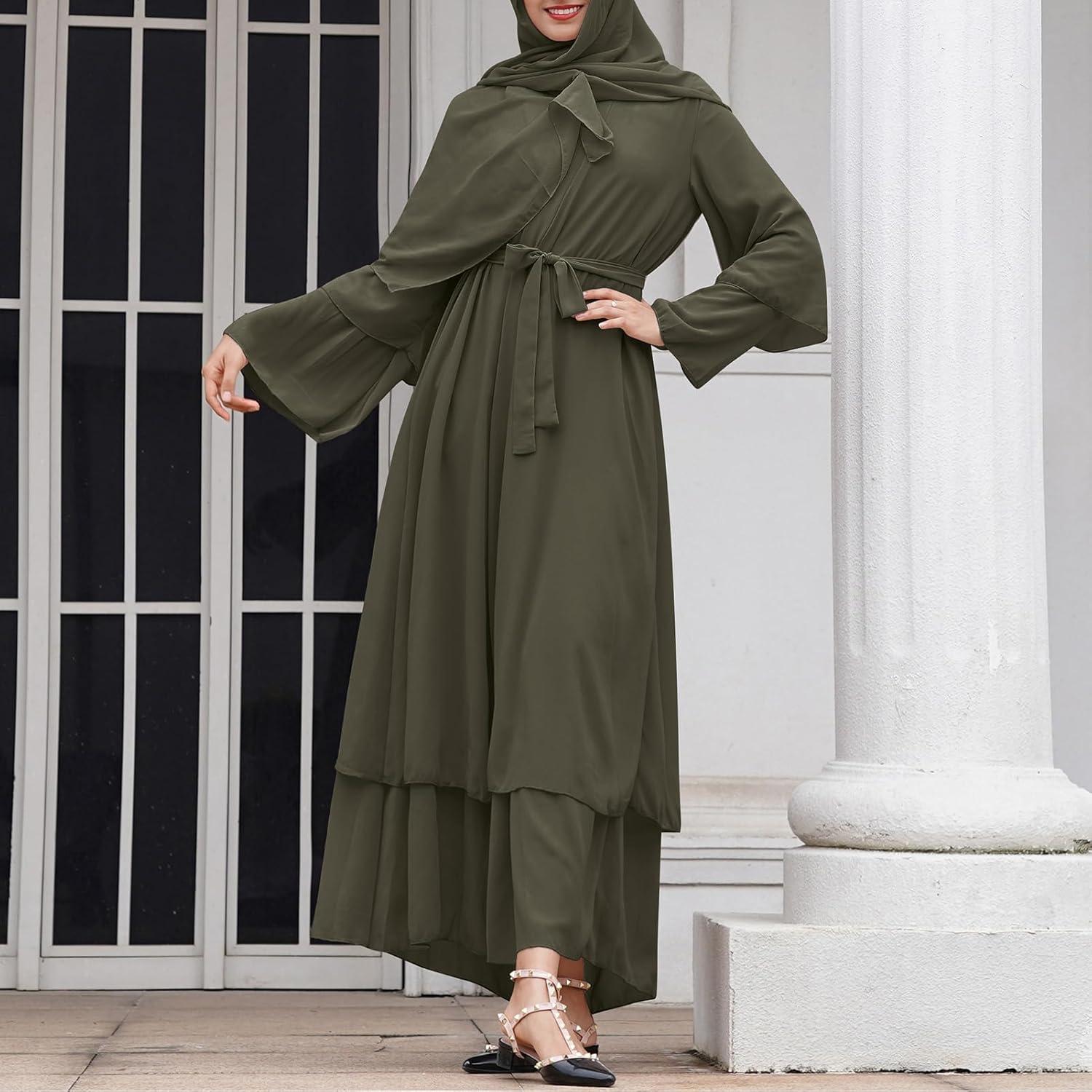 imageAbayas Muslim Dress for Women Long Sleeve Islamic Abaya Eid Dubai Kaftan Dresses Middle East Prayer Dress Chiffon RobeArmy Green
