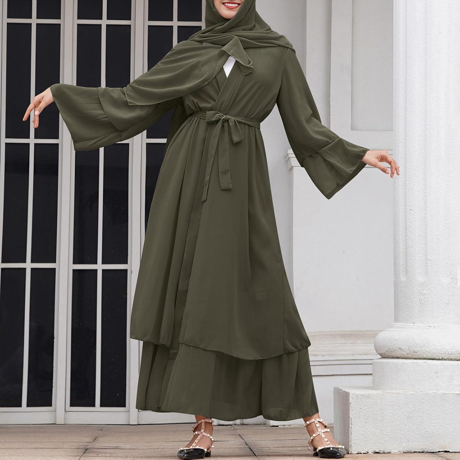 imageAbayas Muslim Dress for Women Long Sleeve Islamic Abaya Eid Dubai Kaftan Dresses Middle East Prayer Dress Chiffon RobeArmy Green