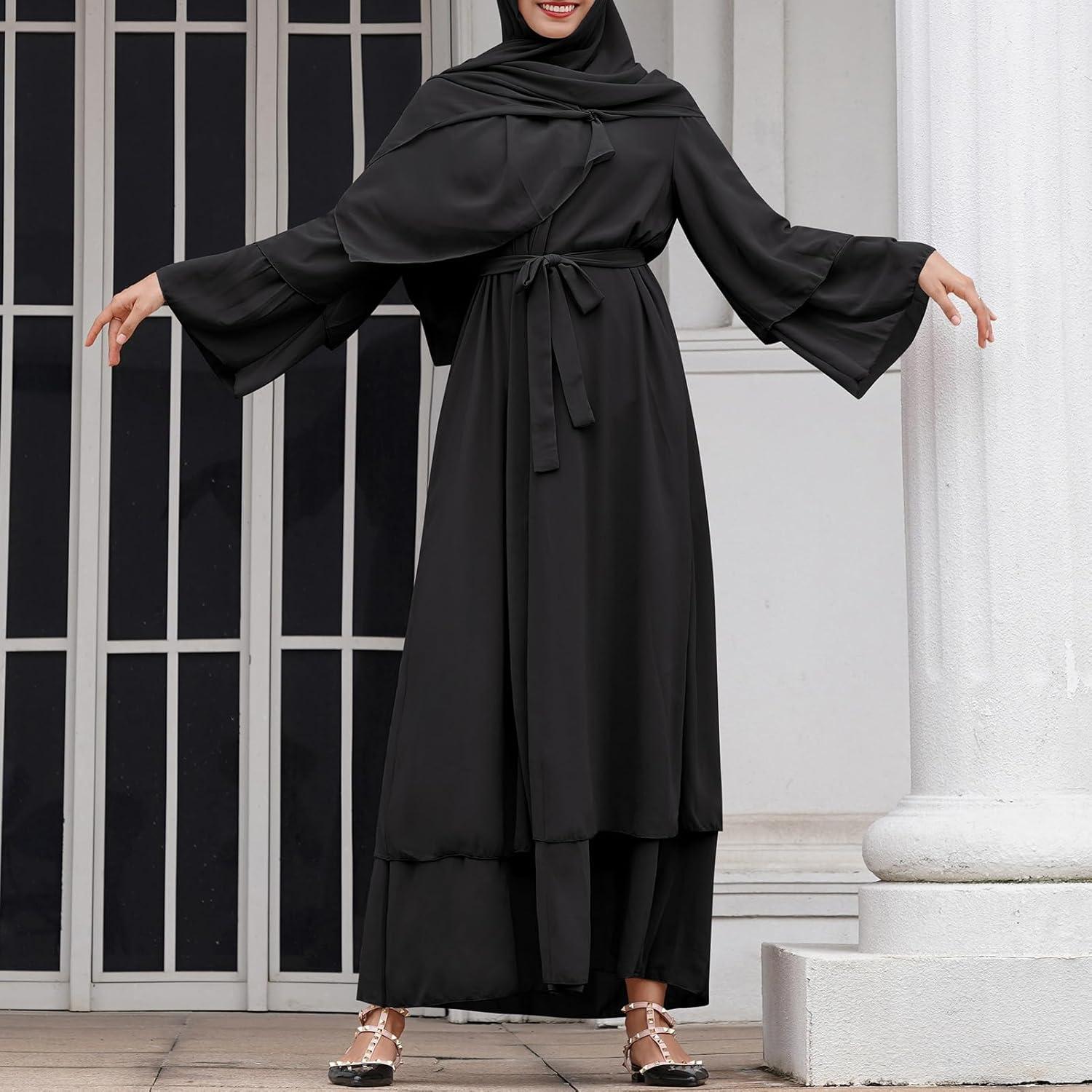 imageAbayas Muslim Dress for Women Long Sleeve Islamic Abaya Eid Dubai Kaftan Dresses Middle East Prayer Dress Chiffon RobeBlack