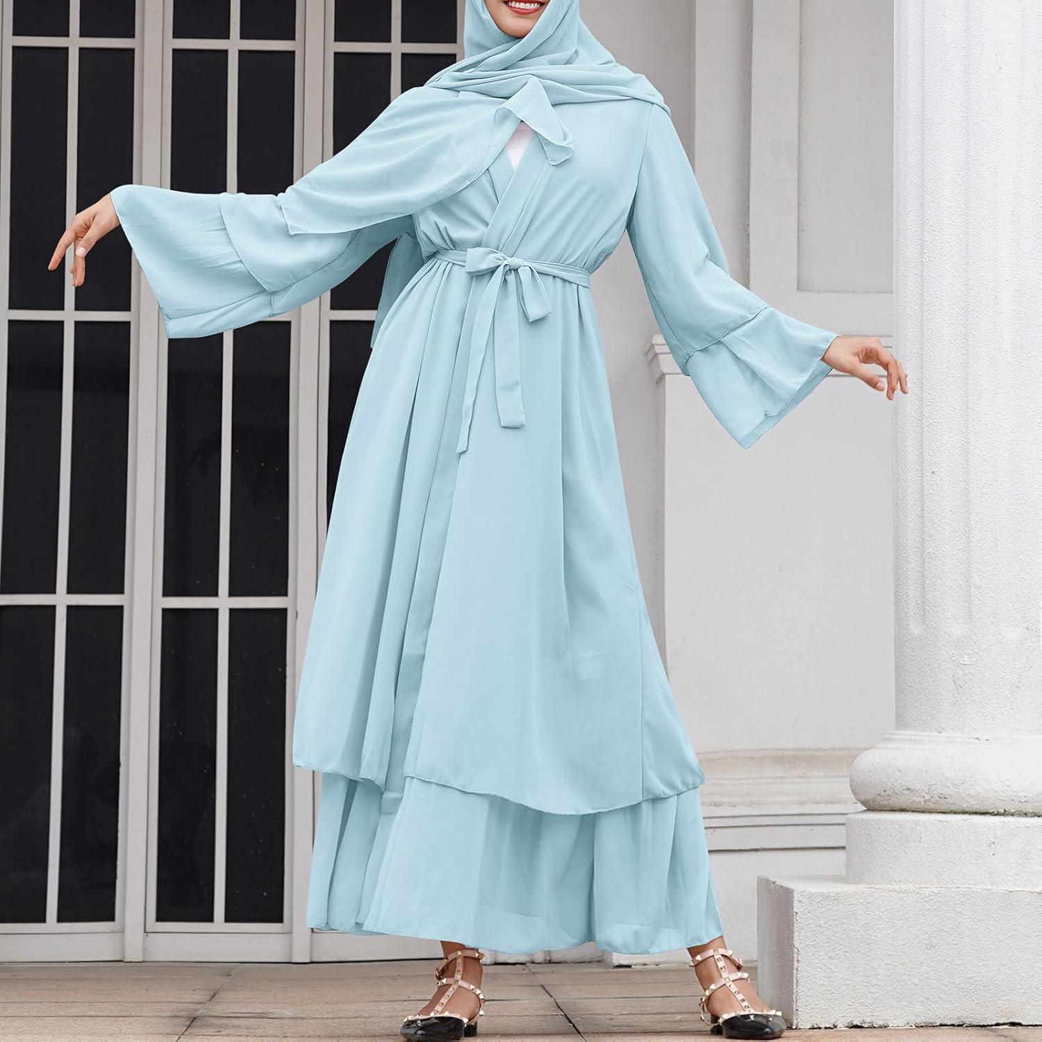 imageAbayas Muslim Dress for Women Long Sleeve Islamic Abaya Eid Dubai Kaftan Dresses Middle East Prayer Dress Chiffon RobeBlue