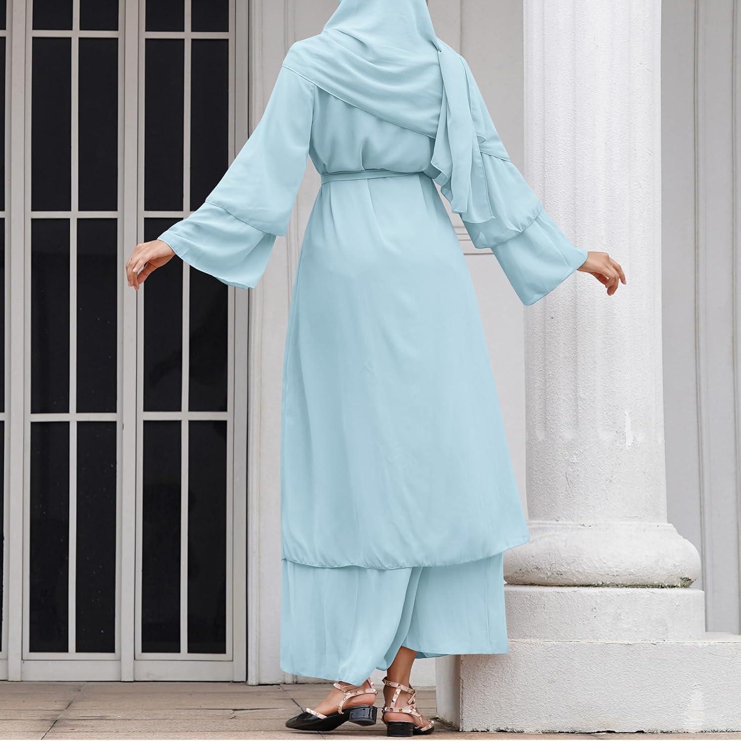 imageAbayas Muslim Dress for Women Long Sleeve Islamic Abaya Eid Dubai Kaftan Dresses Middle East Prayer Dress Chiffon RobeBlue