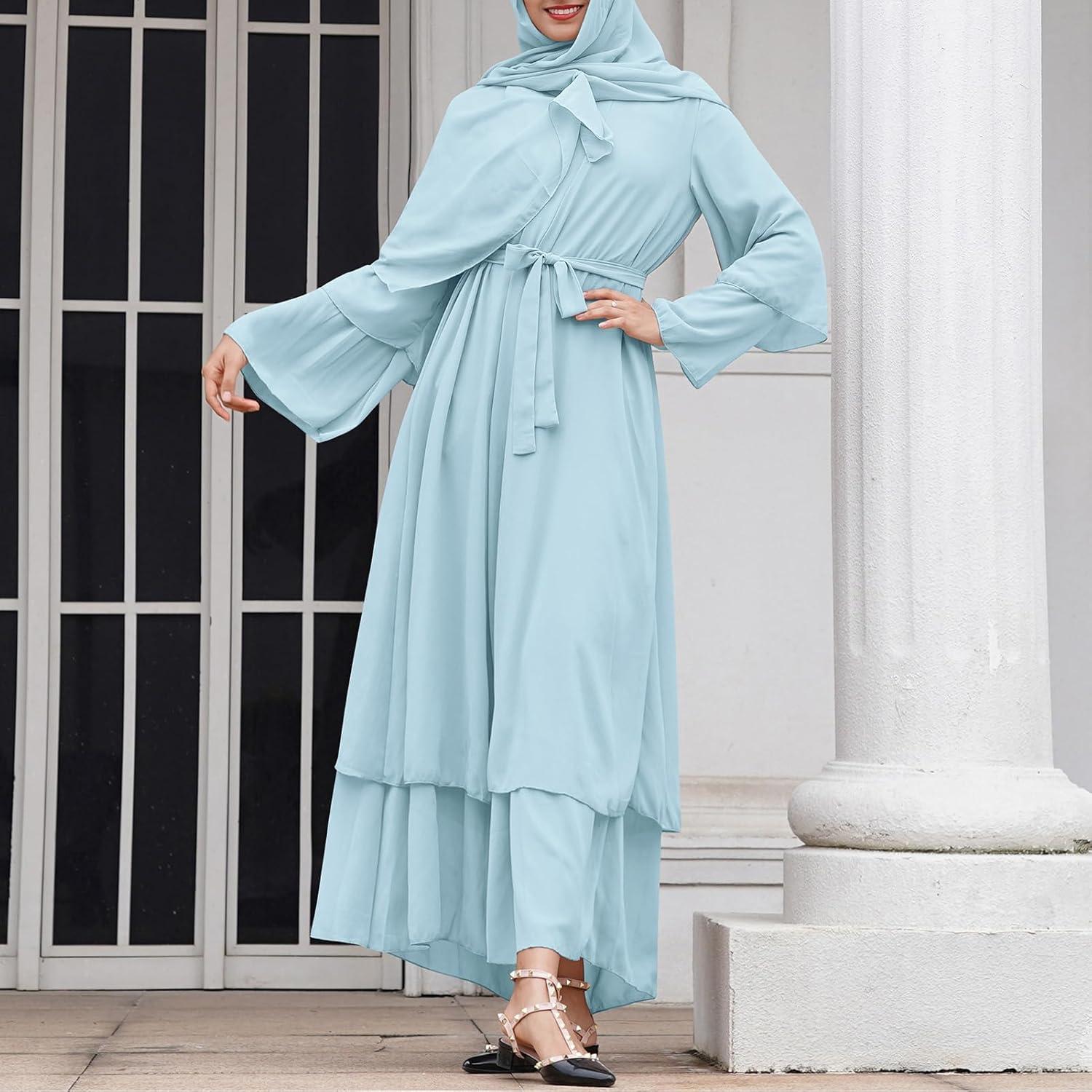 imageAbayas Muslim Dress for Women Long Sleeve Islamic Abaya Eid Dubai Kaftan Dresses Middle East Prayer Dress Chiffon RobeBlue
