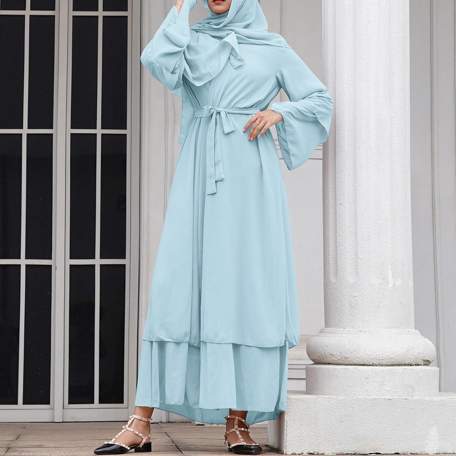 imageAbayas Muslim Dress for Women Long Sleeve Islamic Abaya Eid Dubai Kaftan Dresses Middle East Prayer Dress Chiffon RobeBlue