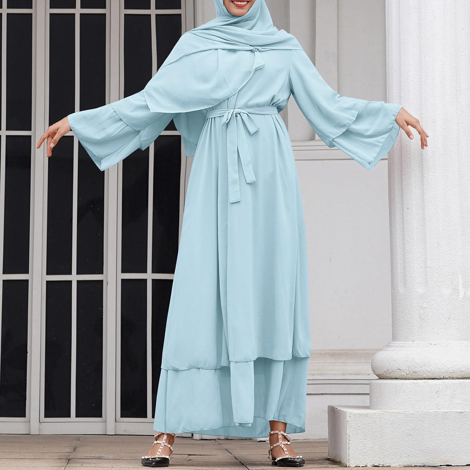 imageAbayas Muslim Dress for Women Long Sleeve Islamic Abaya Eid Dubai Kaftan Dresses Middle East Prayer Dress Chiffon RobeBlue