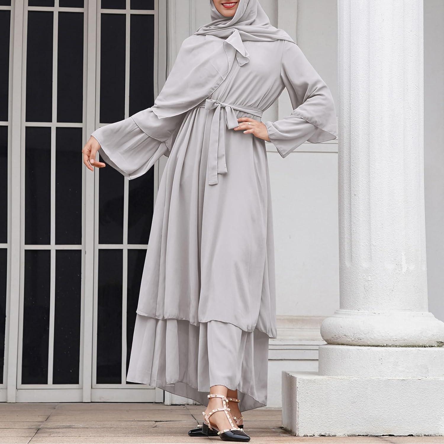 imageAbayas Muslim Dress for Women Long Sleeve Islamic Abaya Eid Dubai Kaftan Dresses Middle East Prayer Dress Chiffon RobeGray