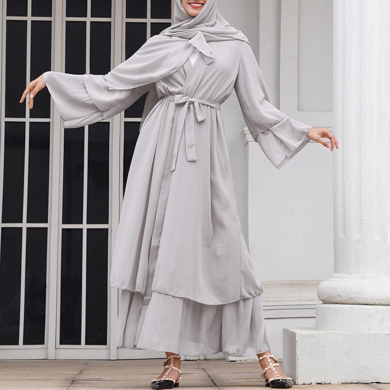 imageAbayas Muslim Dress for Women Long Sleeve Islamic Abaya Eid Dubai Kaftan Dresses Middle East Prayer Dress Chiffon RobeGray