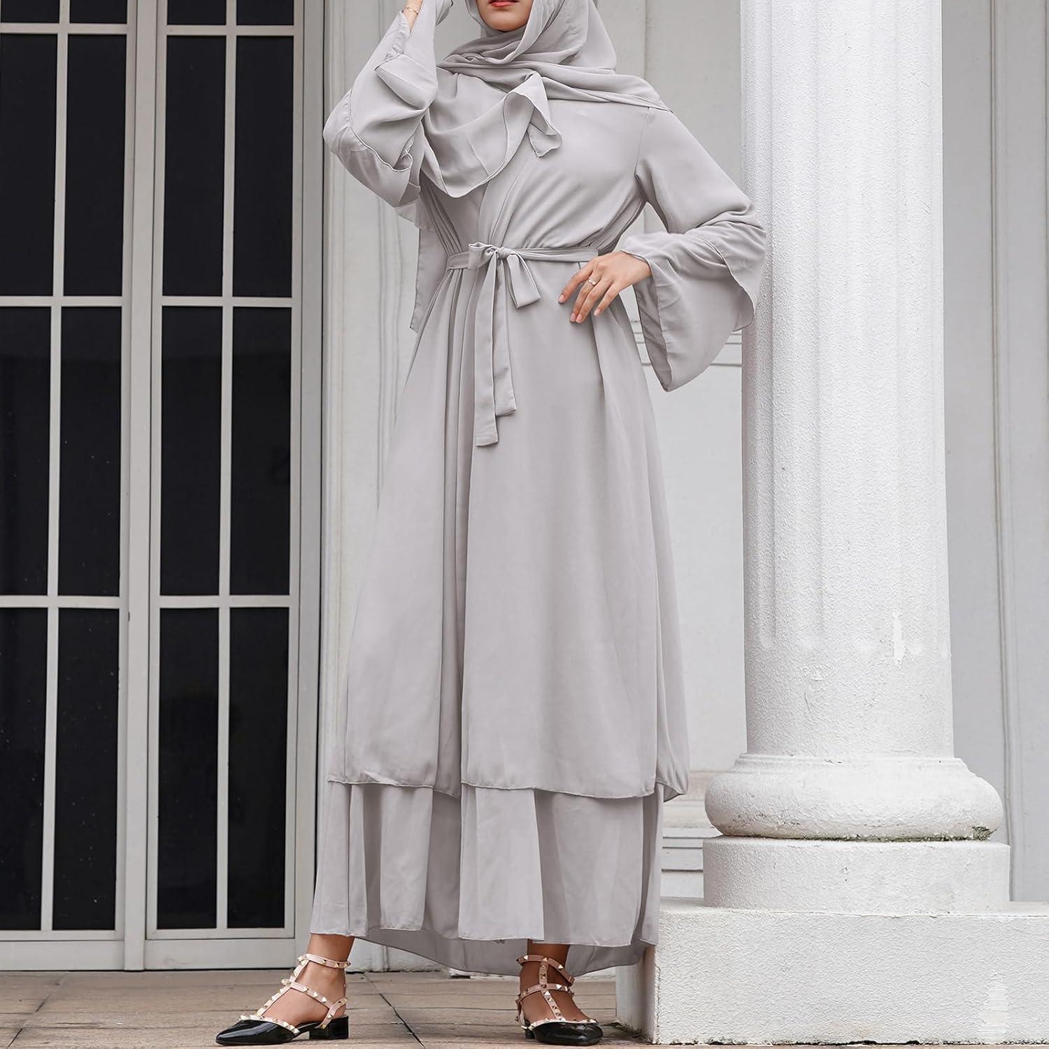 imageAbayas Muslim Dress for Women Long Sleeve Islamic Abaya Eid Dubai Kaftan Dresses Middle East Prayer Dress Chiffon RobeGray