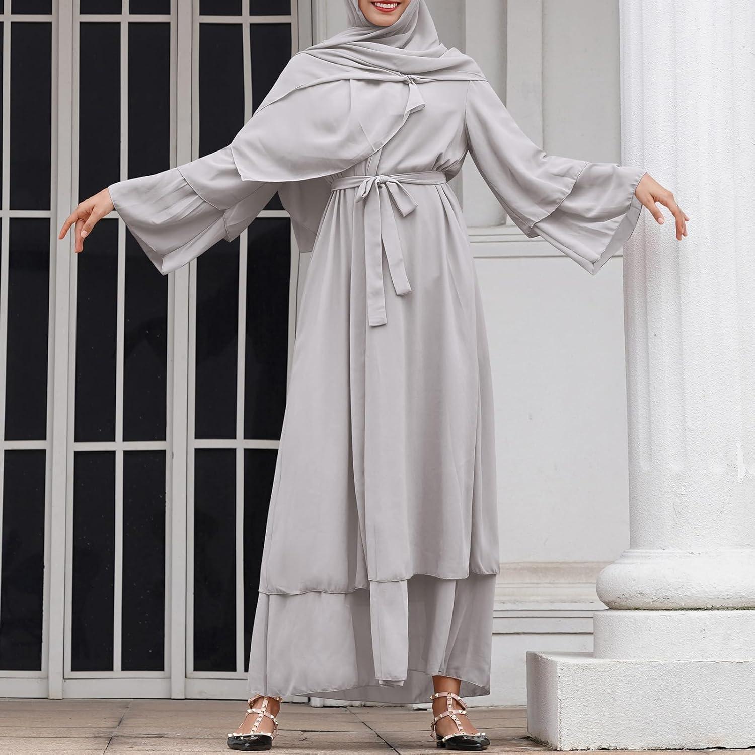imageAbayas Muslim Dress for Women Long Sleeve Islamic Abaya Eid Dubai Kaftan Dresses Middle East Prayer Dress Chiffon RobeGray