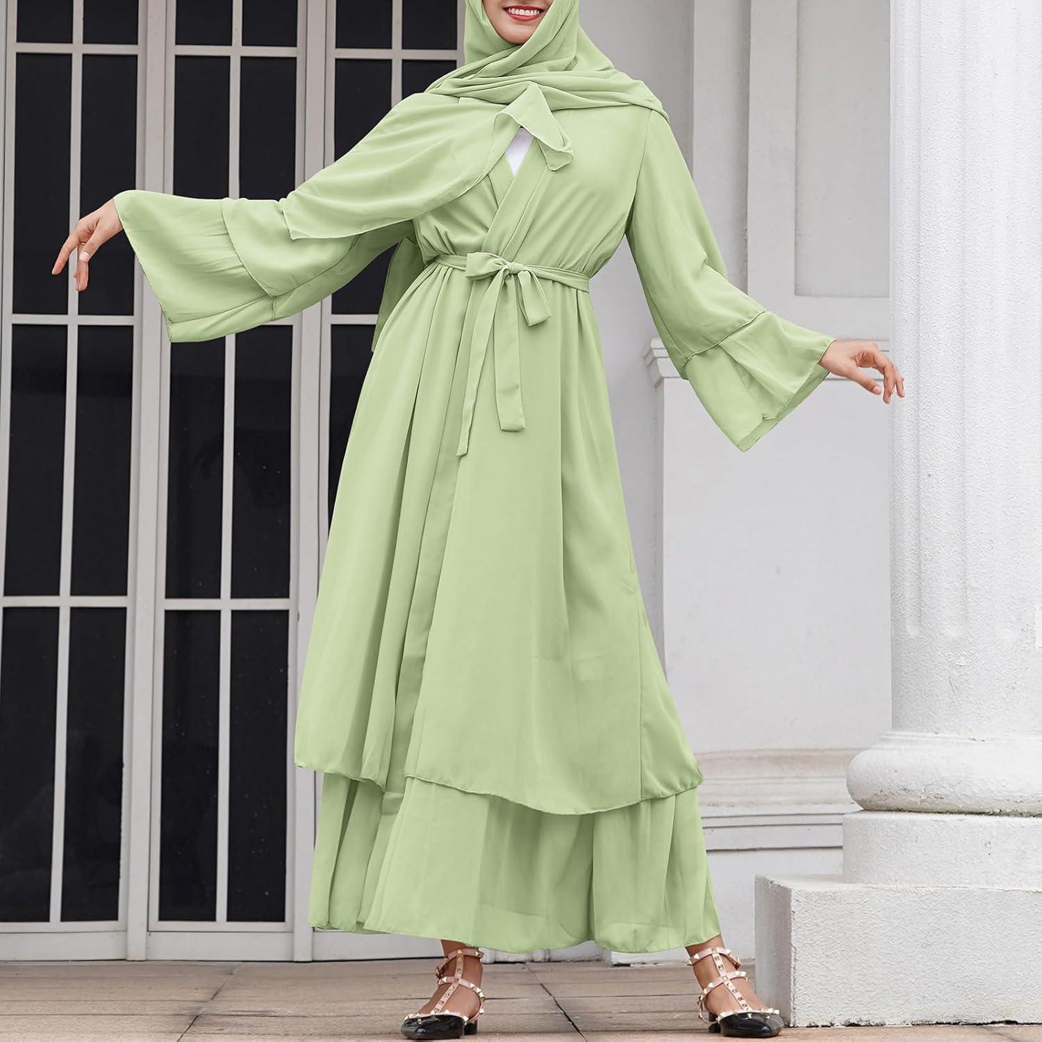 imageAbayas Muslim Dress for Women Long Sleeve Islamic Abaya Eid Dubai Kaftan Dresses Middle East Prayer Dress Chiffon RobeGreen