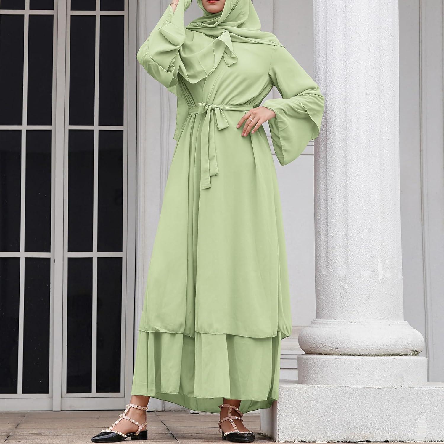 imageAbayas Muslim Dress for Women Long Sleeve Islamic Abaya Eid Dubai Kaftan Dresses Middle East Prayer Dress Chiffon RobeGreen
