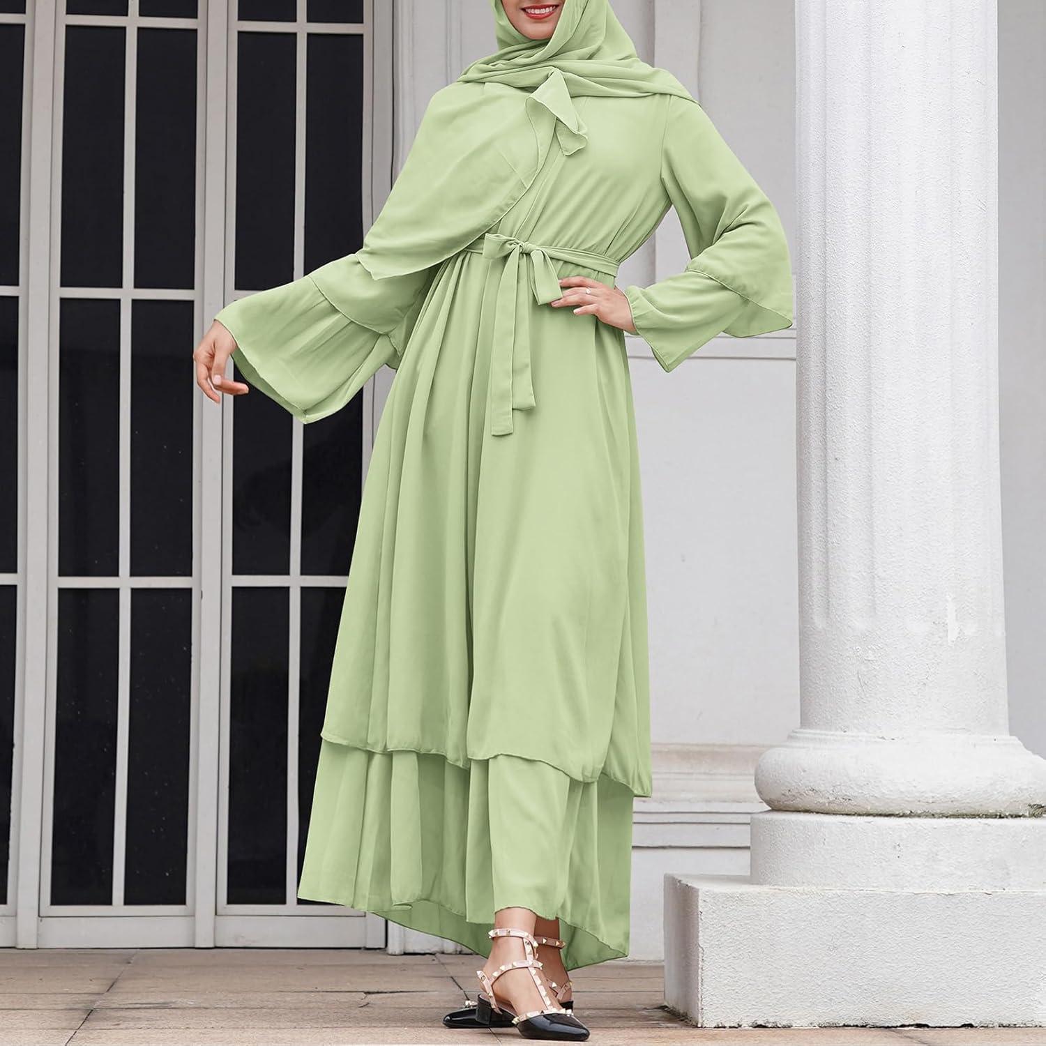 imageAbayas Muslim Dress for Women Long Sleeve Islamic Abaya Eid Dubai Kaftan Dresses Middle East Prayer Dress Chiffon RobeGreen