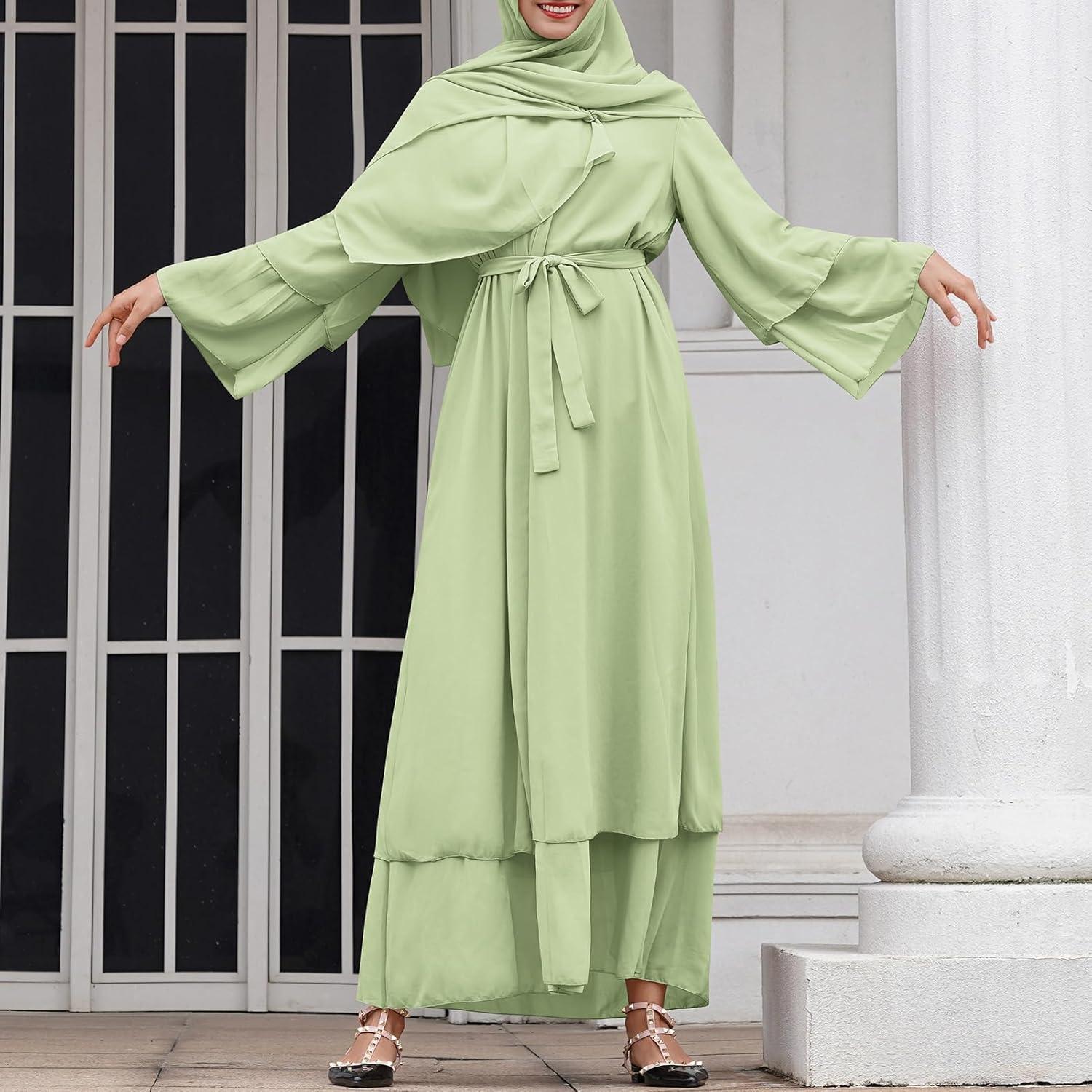 imageAbayas Muslim Dress for Women Long Sleeve Islamic Abaya Eid Dubai Kaftan Dresses Middle East Prayer Dress Chiffon RobeGreen
