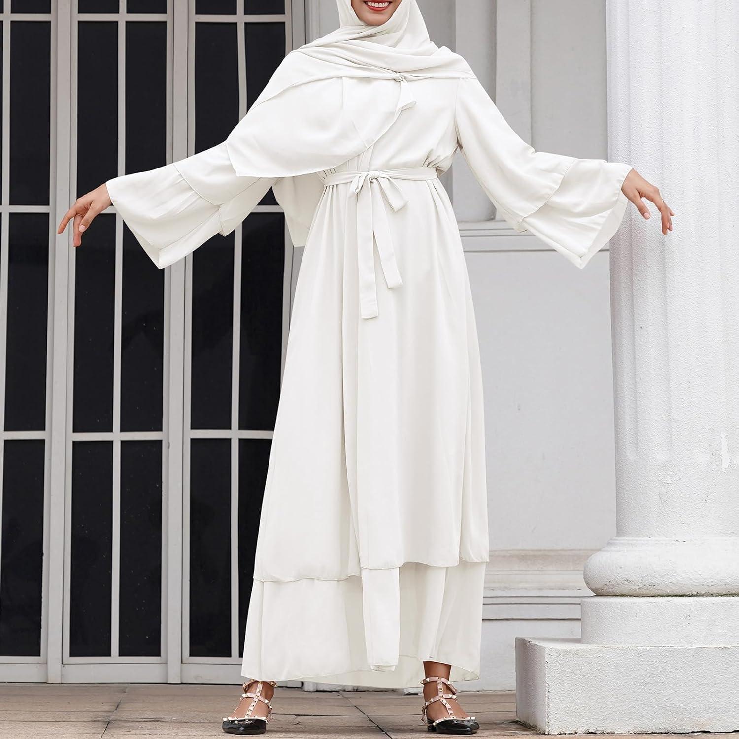 imageAbayas Muslim Dress for Women Long Sleeve Islamic Abaya Eid Dubai Kaftan Dresses Middle East Prayer Dress Chiffon RobeWhite