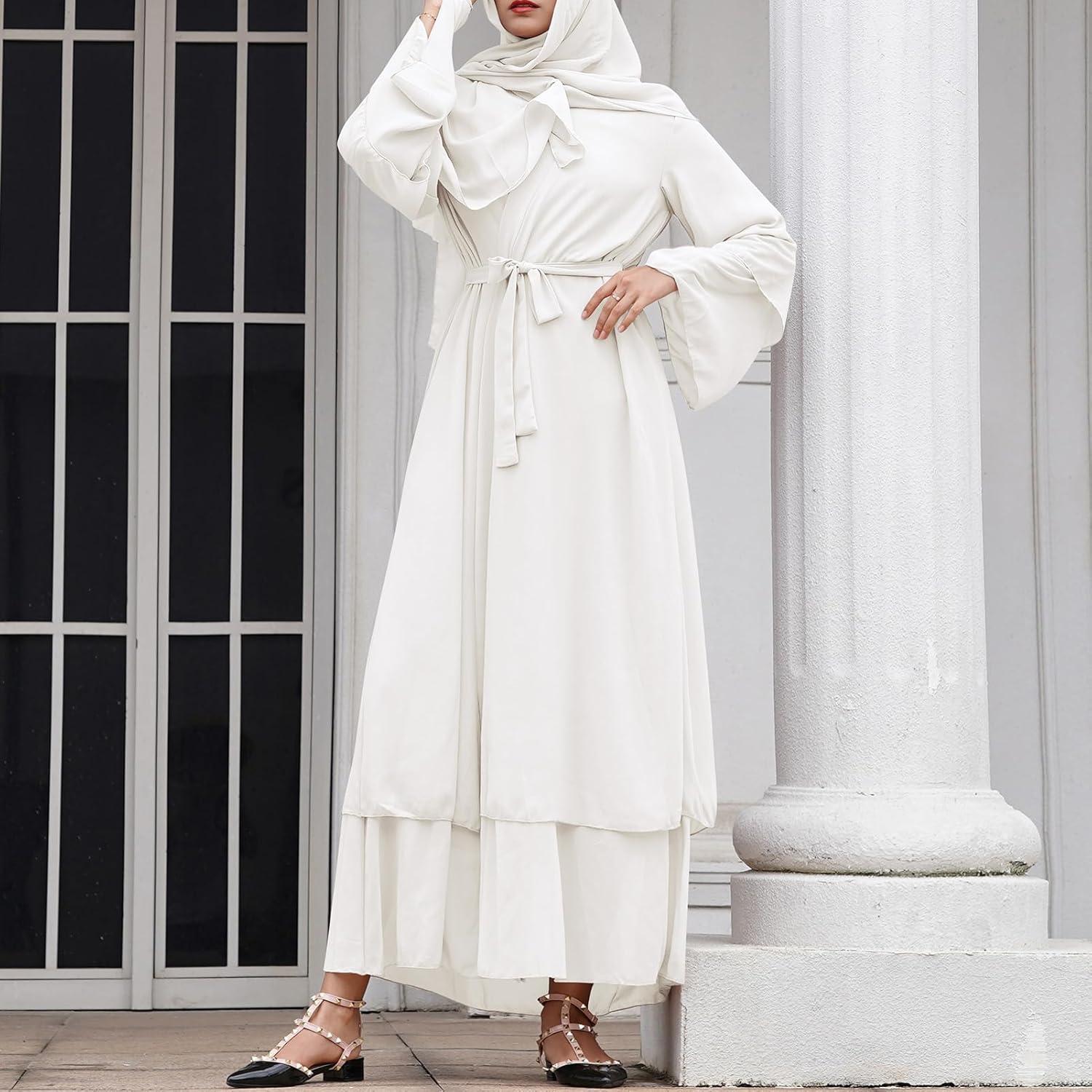 imageAbayas Muslim Dress for Women Long Sleeve Islamic Abaya Eid Dubai Kaftan Dresses Middle East Prayer Dress Chiffon RobeWhite