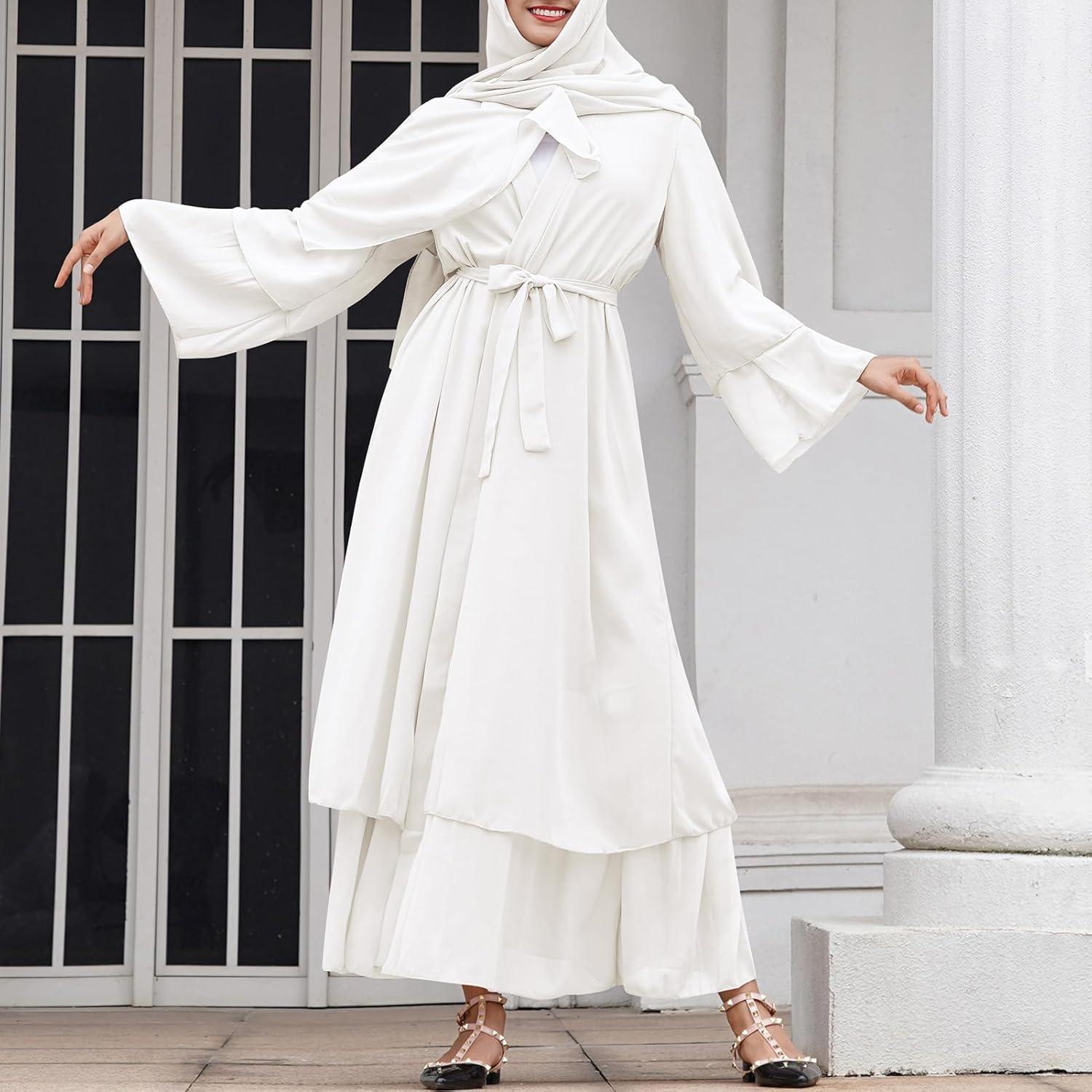 imageAbayas Muslim Dress for Women Long Sleeve Islamic Abaya Eid Dubai Kaftan Dresses Middle East Prayer Dress Chiffon RobeWhite