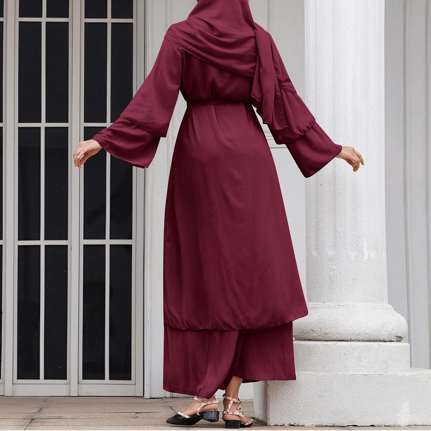 imageAbayas Muslim Dress for Women Long Sleeve Islamic Abaya Eid Dubai Kaftan Dresses Middle East Prayer Dress Chiffon RobeWine Red