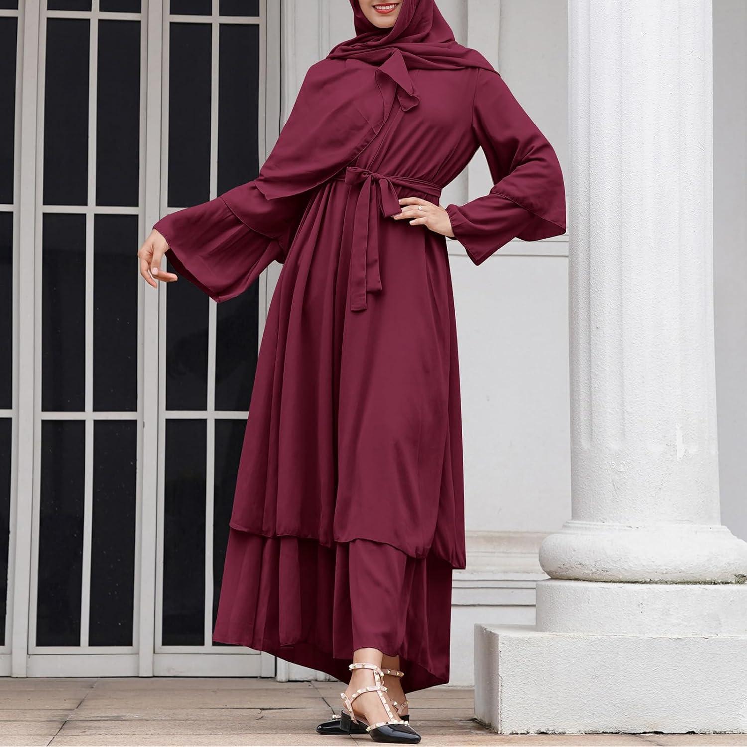 imageAbayas Muslim Dress for Women Long Sleeve Islamic Abaya Eid Dubai Kaftan Dresses Middle East Prayer Dress Chiffon RobeWine Red