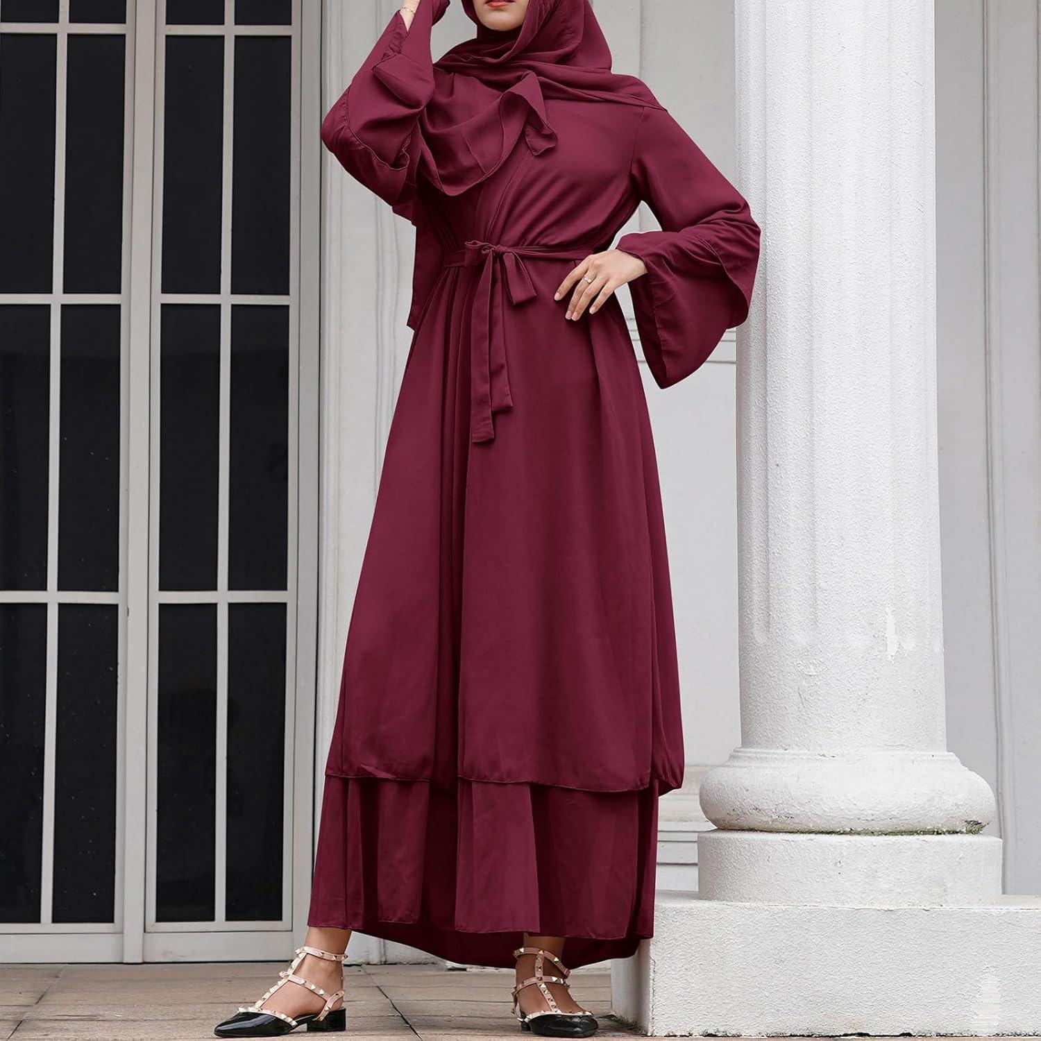 imageAbayas Muslim Dress for Women Long Sleeve Islamic Abaya Eid Dubai Kaftan Dresses Middle East Prayer Dress Chiffon RobeWine Red