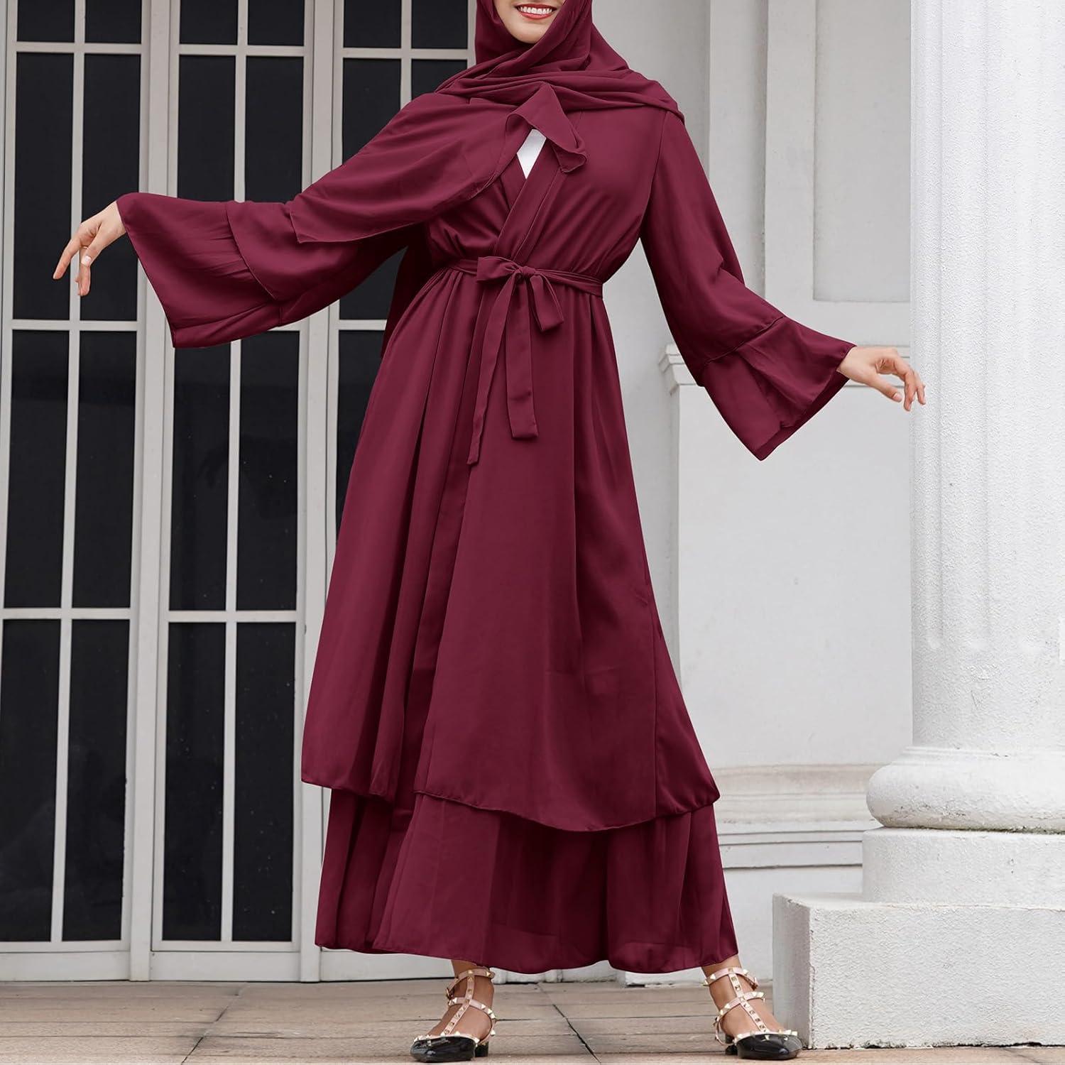 imageAbayas Muslim Dress for Women Long Sleeve Islamic Abaya Eid Dubai Kaftan Dresses Middle East Prayer Dress Chiffon RobeWine Red