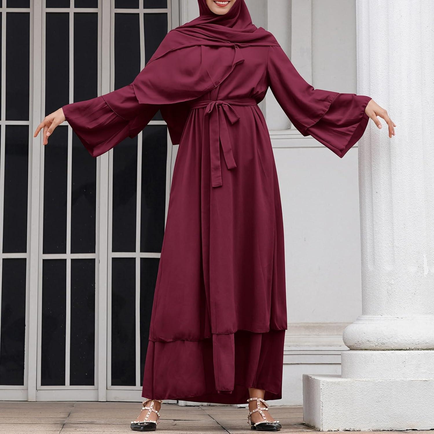 imageAbayas Muslim Dress for Women Long Sleeve Islamic Abaya Eid Dubai Kaftan Dresses Middle East Prayer Dress Chiffon RobeWine Red
