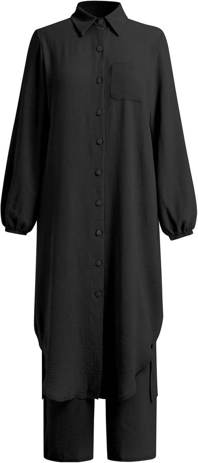 imageIDOPIP Abaya Dress for Women Muslim Set Long Sleeve Chiffon Islamic Dress Shirt with Pants 2PCS Dubai Prayer Casual ClothesBlack