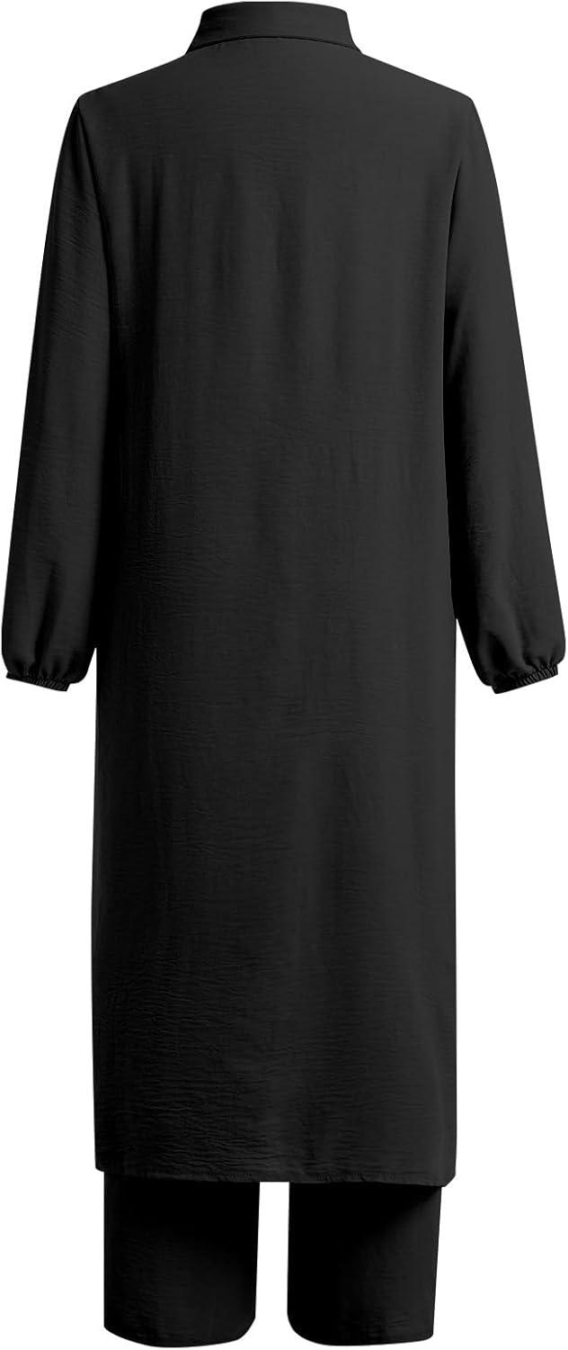 imageIDOPIP Abaya Dress for Women Muslim Set Long Sleeve Chiffon Islamic Dress Shirt with Pants 2PCS Dubai Prayer Casual ClothesBlack